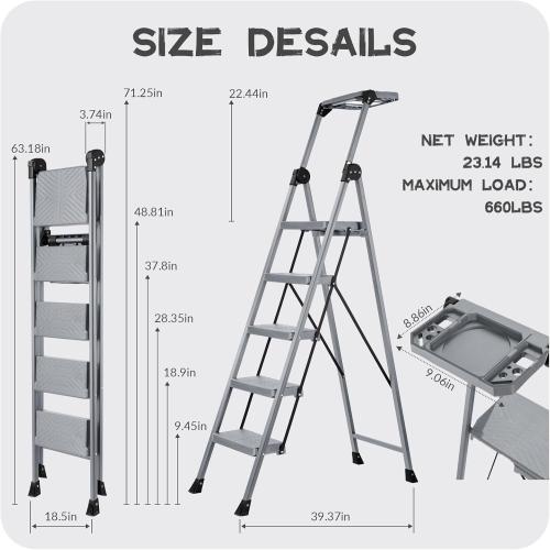 XinSunho 5 Step Ladder, Foldable Step Stool Ladder with Handrails & Tray, 660 lbs Heavy Duty Wide Pedals, Sturdy Steel Folding Ladder for Kitchen, Home, and Household Use (Silver, 5 Step)