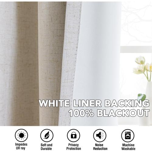 H.VERSAILTEX Linen Curtains 100% Blackout Curtains for Bedroom 84 inch Long Full Light Blocking Nature Linen Blended Window Curtains for Living Room Nickel Grommet (2 Panels, Heathered Natural)