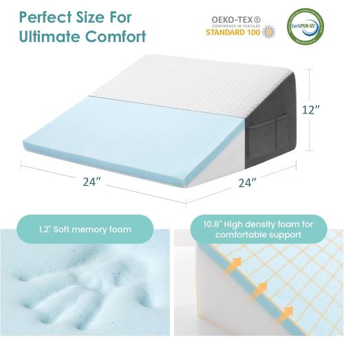 Bed Wedge Pillow for Sleeping After Surgery, Back Support, Leg Elevation, Gerd Acid Reflux, Relief Neck Pain, Sleep Apnea, Snoring, Cooling Memory Foam Triangle Incline Wedge