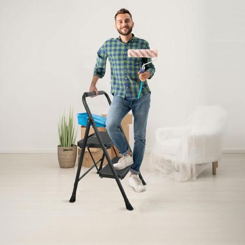 Size 2 Step Ladder color Black , Protable Steel Folding Stool with Wide Anti-Slip Pedal, 500lbs Sturdy Steel Ladder, Black