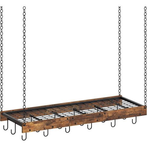 Hanging Pot Rack, Ceiling Wall Mounted Pot Rack for Kitchen, Industrial Style Pot Hanger with 18 Hooks, Cookware Storage Organizer, for Pots and Pans, Rustic Brown and Black TPR12BFC1