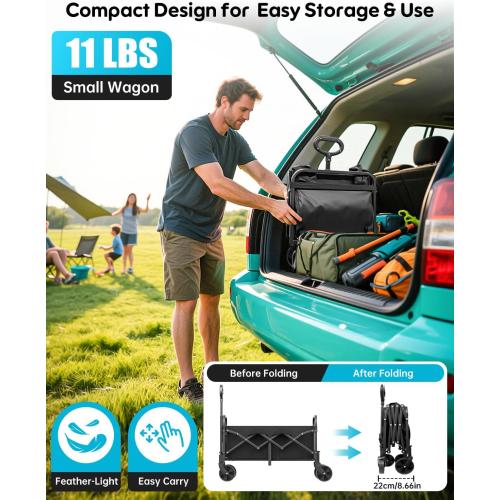 Color Black Collapsible Wagon 350 lbs, Heavy Duty Wagons Carts Foldable, Shopping Cart with All-Terrain Wheels & 2 Drink Holders, Weatherproof, Wagon Cart for Home, Outdoor,Beach,Camping, Sports, Black