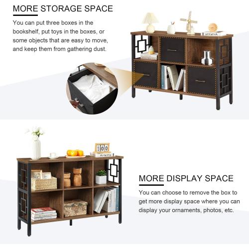 HOMISSUE 6 Cube Storage Organizer Shelf, Rustic Short Bookshelf with 3 Storage Bins, Industrial Horizontal Bookshelf with Metal Frame, Low and Wide Cube Bookcase for Living Room and Office, Brown