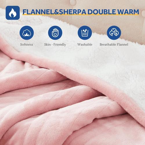 Sealy Electric Blanket Throw Size 50*60,Super Cozy Flannel to Sherpa Reversible Heated Blanket Throw with 6 Heating Levels & 2-10 Hours Auto Off Overheating Protection Machine Washable,Pink