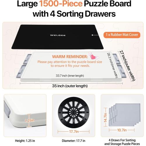 WELGEE 1500 Pieces 2-in-1 Tilting & Rotating Puzzle Board with Drawers and Cover, 35x27 Portable Spinning Plastic Jigsaw Puzzle Table for Adults, Upgraded Lazy Susan