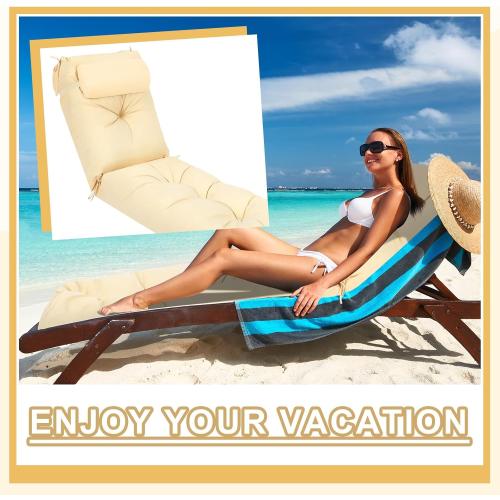 Wenqik Set of 2 Outdoor Chaise Lounge Cushions 76 x 22 x 6 Inch Waterproof Patio Furniture Chaise Cushion with Headrest Pillow Thick Tufted Lounge Pad for Lawn Pool Hotel(Beige)
