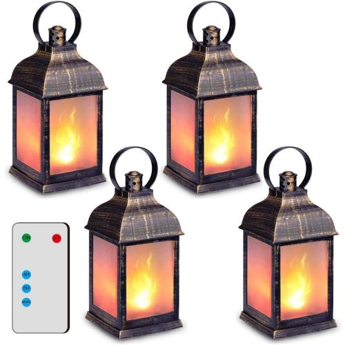 ZKEE Vintage Style Decorative Lanterns, Flame Effect LED - Golden Brushed Black, Timer (Set of 4)