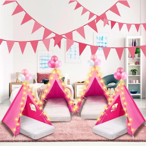 6 Pack Sleepovers Teepee Tent for Kids Bulk with Mattress Sheet Light,Natural Cotton Washable Indoor Play Tent for Birthday Slumber Party Girls Boys Pajama Movie Night Supplies(Rose Red)