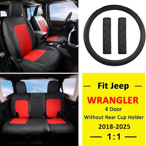 GIANT PANDA Jeep Wrangler 4 Door JL 2018-2025 Full Set Car Seat Covers for Sahara Sport Rubicon Unlimited Willys Without Rear Cup Holder,Faux Leather (Black Red)