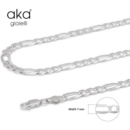 Aka Gioielli - Italian 925 Sterling Silver 7mm Diamond-Cut Figaro Link Chain - Solid Sterling Silver Necklace for Men and Women - Made in Italy