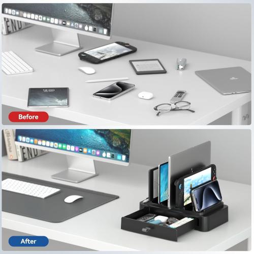 KDD Vertical Laptop Stand with Drawer - 7-in-1 Space-Saving Laptop Holder with Gravity Locking Fits MacBook, Dell, HP, Chromebook, Surface Pro, Tablet, Cell Phone, Switch, Keyboard Desktop Organizer