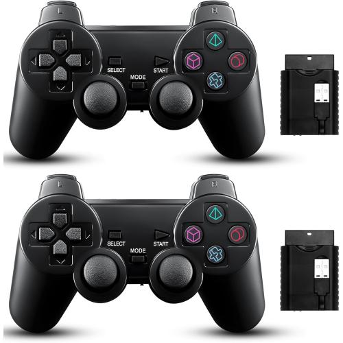 2 Pack Wireless Controller 2.4G double shock Compatible with PS2 /PS1/PC(Jet Black)