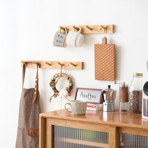 Size 24 Color Hickory Wood Coat Rack Wall Mount 24 inches, Wooden Coat Hooks with 6 Hooks Coat Hanger for Hanging Hat Jacket Purse, Wall Hooks for Entryway, Bathroom, Bedroom, Natural