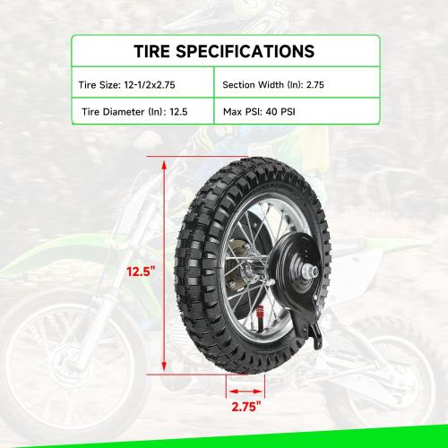 12-1/2 x 2.75 12.5x2.75 Rear Wheel Assembly Replacement for Razor MX350 MX400 Dirt Rocket with Knobby Street Tire Inner Tube Rim 25H 132 Link Chain Tensioner Freewheel Sprocket Dirt Bike Parts