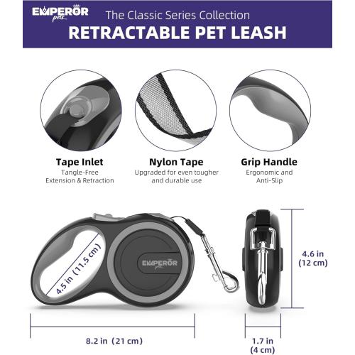 Emperor Pets 26 ft Retractable Dog Leash - Heavy Duty Retractable Pet Leash with Anti-Slip Grip - Reflective Dog Leash Tape for Medium to Large Dogs up to 100 lbs -GY26