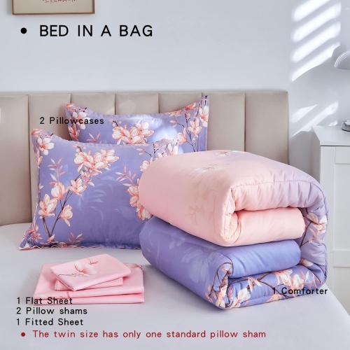AIKASY Pink and Light Purple King Comforter Set with Sheets,Bed in a Bag 7-Pieces,Branches and Flowers Printing Design,Ultra Soft Down Alternative All Season Bedding Set(King,Blossom Stem)