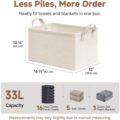 StorageWorks Storage Bins, Shelves Baskets for Organizing, Large Fabric Closet Organizers with Handles, Metal Frame, Beige-Cotton-linen, 2-Pack