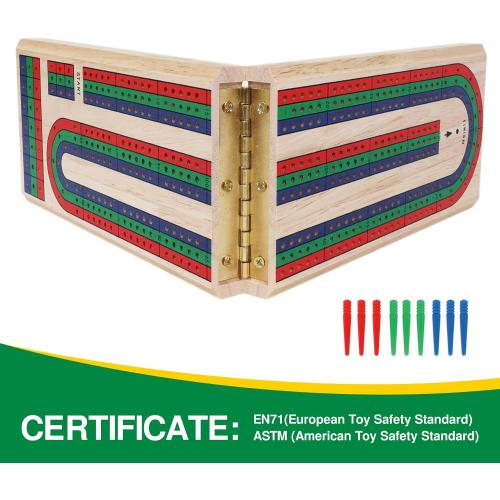 GOTHINK Folding Cribbage Board Game Set, Classic Wooden Cribbage Boards Game for Family Fun, 9 Multi-Colored Pegs, 3 Tracks, Red Green Blue Pegs for 2-3 Players