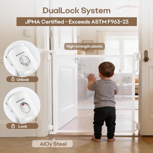Retractable Safety Baby Gate or Mesh Dog Gate,Durable Portable Mesh Retractable Gate,Easy to Use for Stairs, Doorways, Hallways, Indoor, Outdoor, 33.5 Tall, Extends to 55 Wide,White