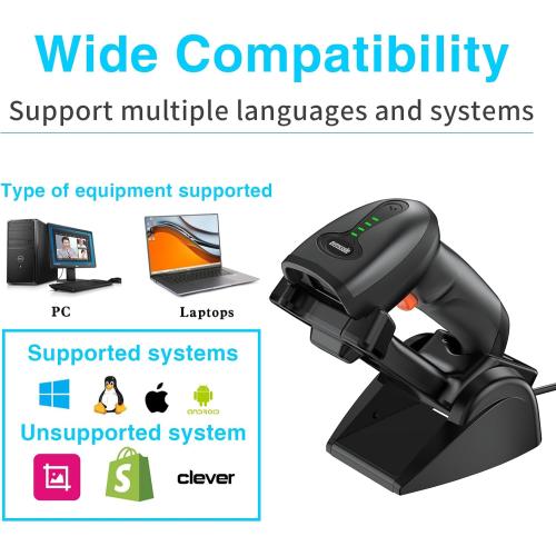 Symcode QR Industrial Bluetooth Barcode Scanner with Wireless Charging Stand, Wireless 2D 1D Bar Code Scanner Drop Protection Shock Dust Proof Hands Free Auto-Sensing Stand Barcode Scanner