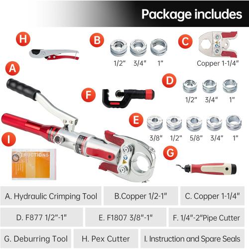 Hydraulic Copper Pipe Tube Fittings Crimping Tool with 1/2,3/4,1,1-1/4 for Copper, 1/2,3/4,1 for F877 Stainless PEX Press and 3/8 to 1 for F1807 Pex Pipe