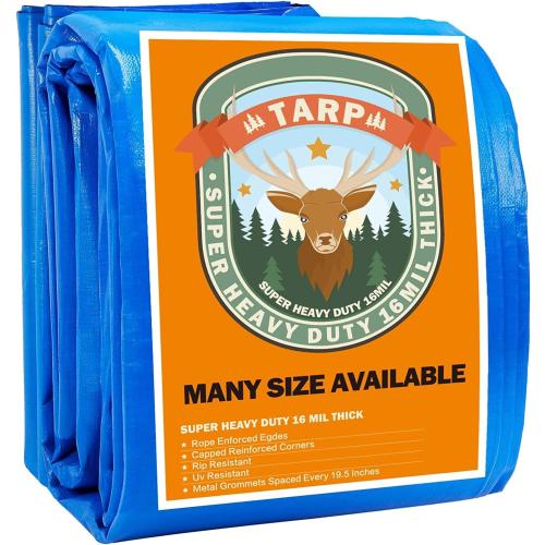 Size 10x30 Color Blue Tarp, Tarps Heavy Duty Waterproof 10x30, Waterproof Plastic Poly 16 Mil Thick Tarpaulin with Metal Grommets Every 19.5 Inches - Emergency Rain Shelter, Outdoor Cover, and Camping Use