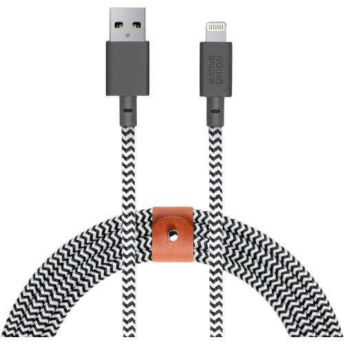 Native Union BELT Cable XL - 10ft Ultra-Strong Reinforced [MFi Certified] Durable Lightning to USB Charging Cable with Leather Strap compatible with iPhone 14, iPhone 13, iPhone 12 and Earlier (Zebra)