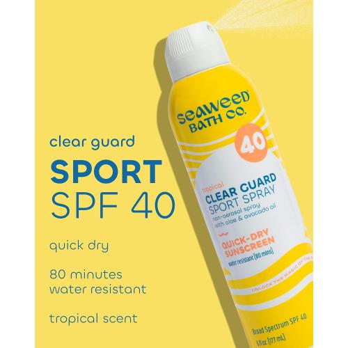 Seaweed Bath Co. Clear Guard SPF 40 Sport Broad Spectrum Sunscreen, 6 oz | Quick Dry, Air-Powered Spray, Natural Tropical Scent, With Sustainably Harvested Seaweed, Aloe, Avocado Oil
