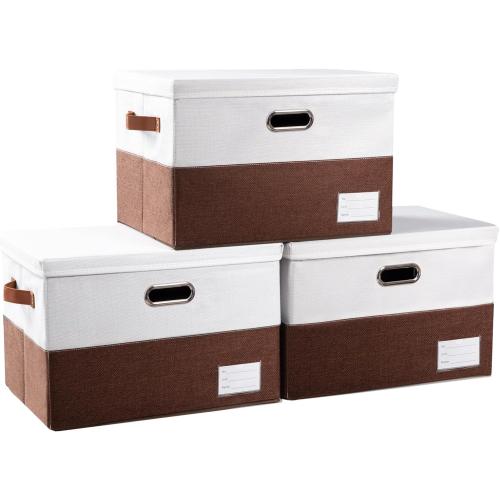 Set of 3  Foldable Storage Bins with Lids [3-Pack] Fabric Collapsible Storage Boxes Baskets Cubes Containers with Handles for Closet Living Room Bedroom (Brown & White 17.7x11.8x11.8'')