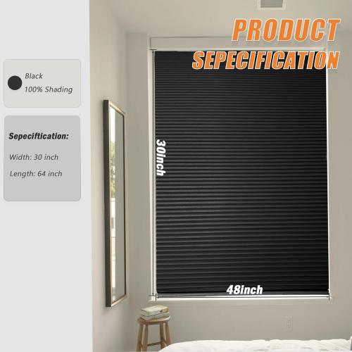 Cordless Cellular Blinds Shades Easy Cut Adjust Size Cordless No Drilling Honeycomb Window Blinds for Home Kitchen Office, Easy to Install No Tool Need Black Blackout