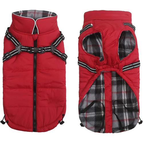 Winter Warm Coat Geyecete Waterproof Jacket with Harness Traction Belt,Pet Outdoor Jacket Dog Autumn and Winter Clothes for Medium, Small Dog-Red-M