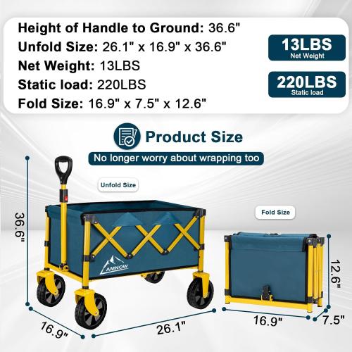 Collapsible Wagon Cart with Wheels Foldable, Folding Wagons Carts with Silent Universal Wheels, Large Grocery Cart On Wheels, Heavy Duty Utility Wagon for Shopping Beach Sports Fishing Camping, Green