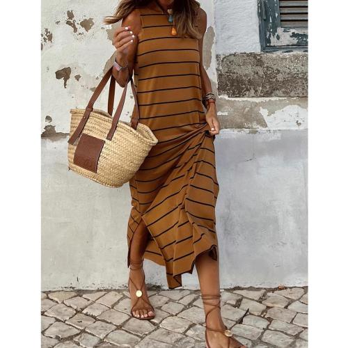 Size L AHAIJ Women's Striped Maxi Tank Dress Casual Summer Sleeveless Crewneck Split Beach Long Sun Dresses