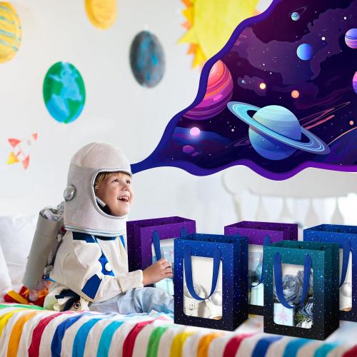 24 Pcs Space Party Favor Bags for Kids, Galaxy Birthday Goodie Bags with Window Treat Candy Bag for Space Stars Themed Birthday Decorations Supplies (Starry Sky)