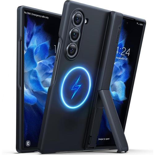 TORRAS Magnetic Armor Stand Samsung Galaxy Z Fold 6 Case, [MIL-Grade Hinge Protection] [Compatible with MagSafe] [Invisible Kickstand], Matte Hard Slim for Samsung Galaxy Z Fold 6 Case, Black