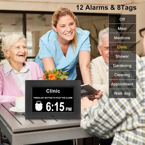 Black 7inch Johnziny Digital Clock with Day and Date for Elderly Large Display Digital for Elderly Dementia Clock Alarms, 12 Alarms and 8 Tags,4 Colors Display Calendar Alarm Clock(Black)