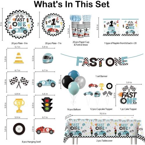 Xynic 160pcs Fast One Birthday Decorations For Boys Tableware Complete Party Set, Fast One Birthday Decorations, Blue Race Car & Car Theme 1st Party Supplies Boy, Serves 20 Guests