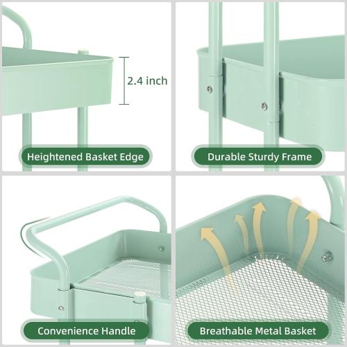 TOOLF 3 Tier Metal Rolling Cart, Utility Cart with Handle, Multifunction Storage Cart with Lockable Wheels, Serving Organizer Trolley with Mesh Basket for Kitchen, Bathroom, Office