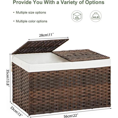SETVSON Storage Basket with Lid Rattan Woven Storage Baskets with 2 Separate Lids, 17.2 Gallon (65 L), 22 x 13 x 13.8 Inches,Foldable, 2 Removable Liner Bags Handles for Bedroom, Laundry Room Brown