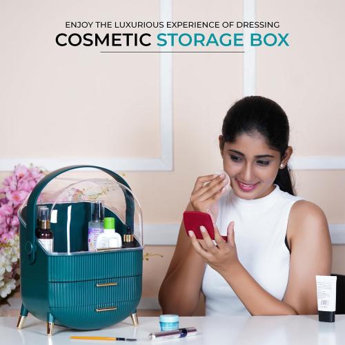 Color Green Makeup Cosmetic Organizer Box with Drawer Storage - Plastic Oval Storage Organizer with Turn Lock, Large Capacity for Women’s Skincare and Beauty Products (Green)