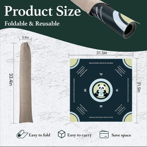 Chinoiserie Mahjong Mat for Table with Rules - 32×32 Noise Reduction and Anti-Slip, Panda Mahjong Pattern，Game Shuffler for Mahjong Cards, Poker Cards, Board Games, Mah Jongg Accessories.(Green