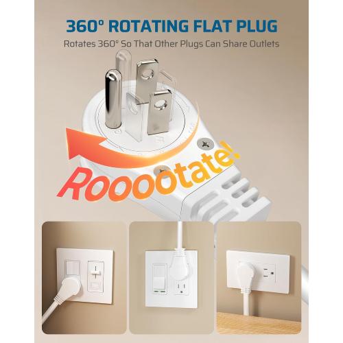DEWENWILS 360° Rotating Flat Plug Extension Cord, 15FT Extension Cord Rotating Plug, 3 Prong 16/3C Grounded Flat Power Cable for Indoor Narrow Space, 13A/125V/1625W SJT-3, ETL Listed, White