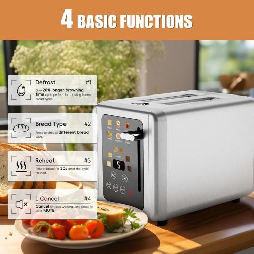 Touch screen Toaster 2 slice,Stainless Steel Digital Timer Toasters with Sound Function,6 Bread Types & 6 Shade Settings,Smart Extra Wide Slots Toaster with Bagel,Defrost Functions