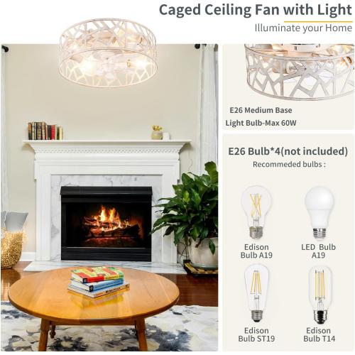 Flush Mount Fandelier Ceiling Fan with Lights and Remote, 18 inch Caged Ceiling Fan with Light Vintage White, Farmhouse Ceiling Fans for Bedroom, Kitchen, Living Room