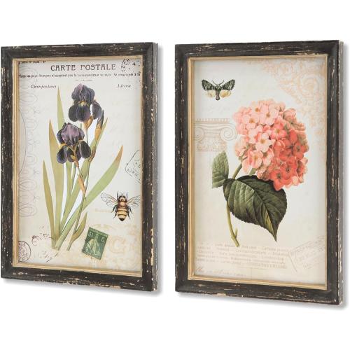 NIKKY HOME Vintage Botanical Wall Art Set of 2, Rustic Wooden Framed Floral Flower Plant Butterfly Pictures Prints Poster Decor for Bathroom Bedroom Living Room Kitchen Office, 13 x9 Inch