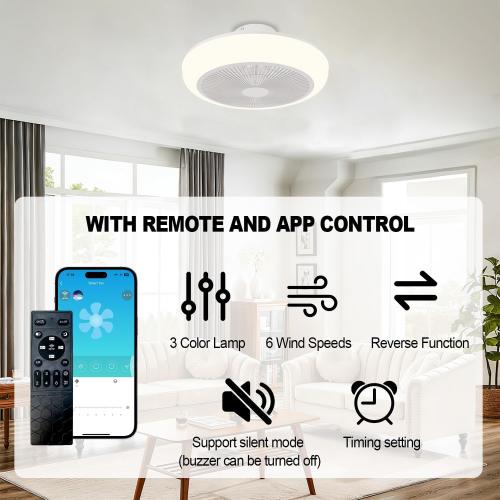 Bladeless Ceiling Fan with Light and Remote Fandelier Caged Low Profile Smart Ceiling Fan Light with Nightlight 2700K-6500K, Flush Mount Fan Light with Remote/APP Control