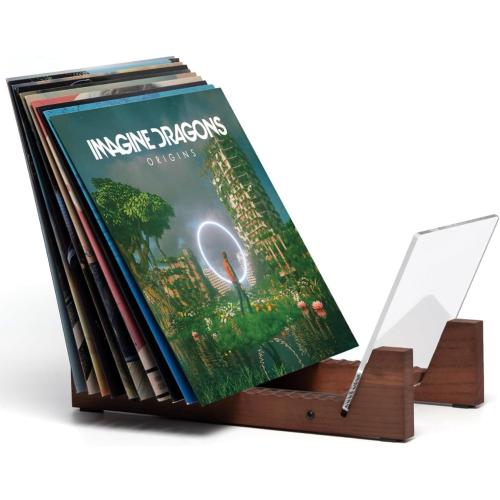 KAIU Vinyl Record Storage Holder - Solid Wood with Crystal Clear Acrylic Holder - Premium Design, Perfect 12 LPs or 7 Singles Display Unit - Stores and Supports up to 50 Albums (Vintage Brown)