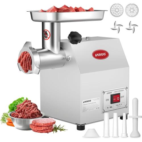 Electric Meat Grinder #8, 0.5HP Heavy Duty Industrial Stainless Steel Meat Mincer, Sausage Stuffer with 2 Blades, 2 Plates & 3 Sausage Tubes, Meat Grinder Machine for Home Use Butchering