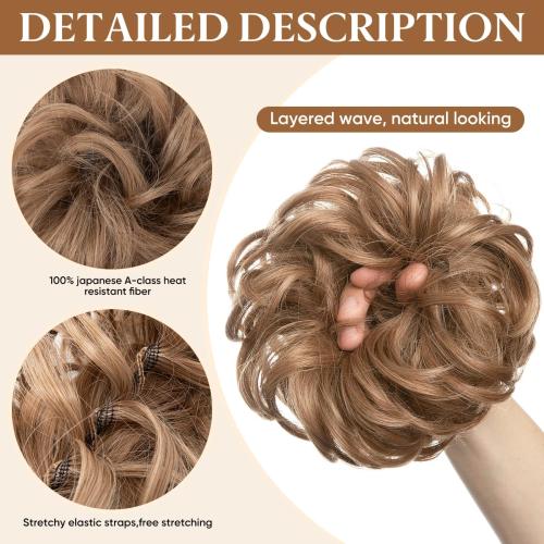CJL HAIR Large Messy Bun Hair Piece Wavy Curly Scrunchies Synthetic Chignon Ponytail Hair Extensions Thick Updo Hairpieces for Women Ginger Brown