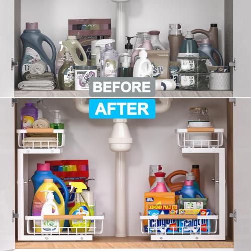 Under Sink Organizer 2 pack, 2 Tier Slide Out Under Sink Organizers And Storage, Height Adjustable Pull Out Cabinet Drawers, Kithcen Bathroom Metal Storage Caddy Shelf, White